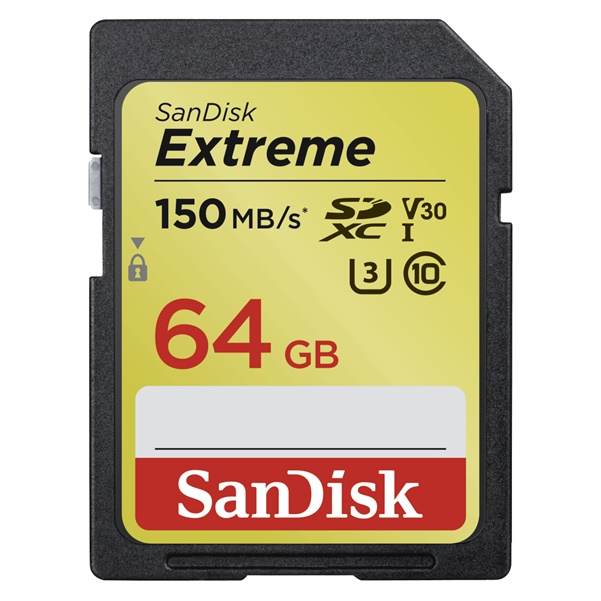 SanDisk SDXC Extreme 64GB,Video Speed Class V30, UHS Speed Class U3, UHS-I, 150MB/s