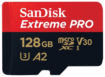 SanDisk microSDXC Extreme Pro 128GB 200 MB/s, UHS-I, U3, V30, A2, C10 + SD Adapter