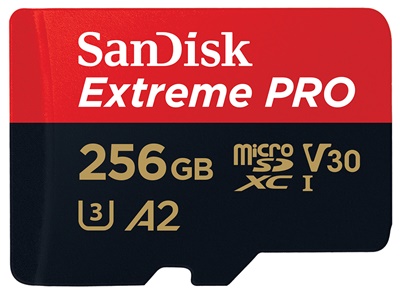 SanDisk microSDXC Extreme Pro 256GB 200 MB/s, UHS-I, U3, V30, A2, C10 + SD Adapter