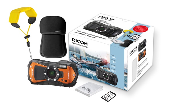 Ricoh WG-80 orange Special Edition + 32GB + Neoprencase + Floating Strap + Microfasertuch